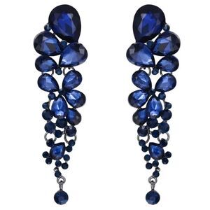 Gun Metal with Deep Sapphire Blue Austrian Crystal Chandelier Clip On Earrings